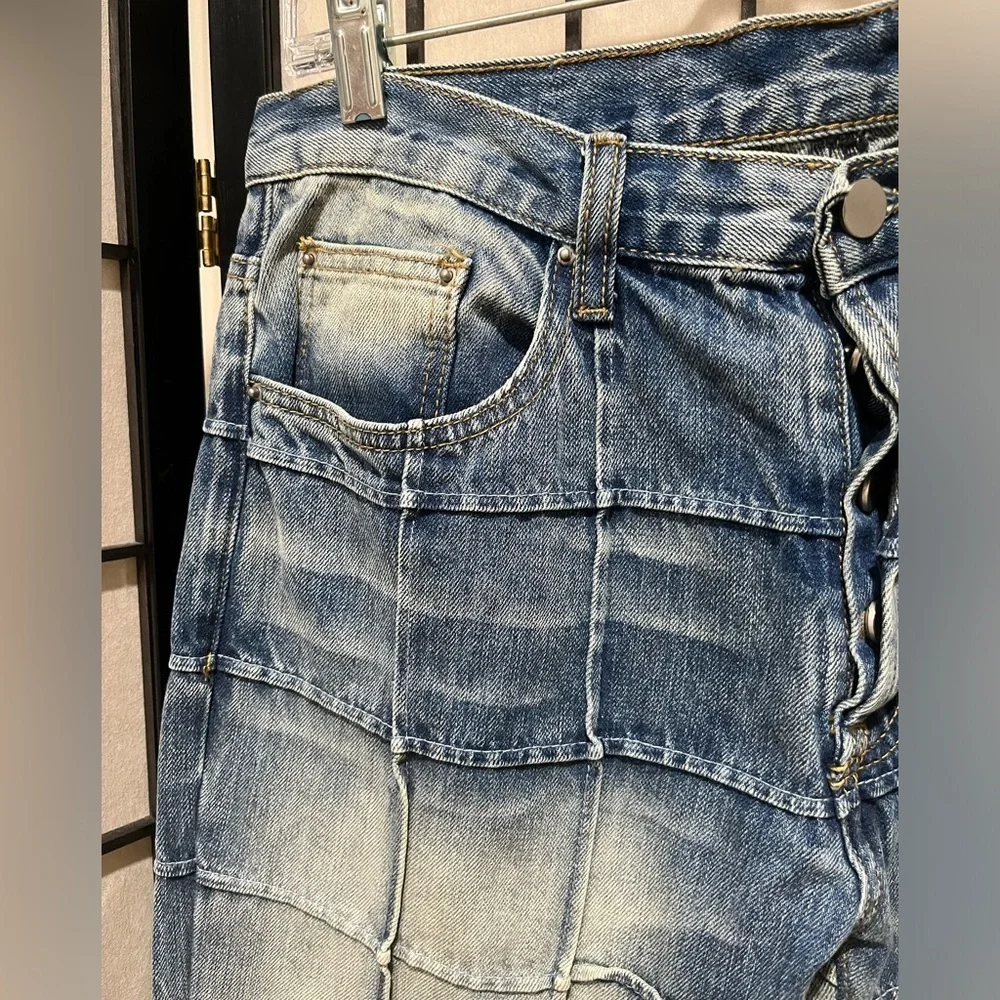 MNML TOKYO FRAYED HEM WINDOW PANE STACKED BUTTON FLY 5 POCKET JEANS SIZE 31X34